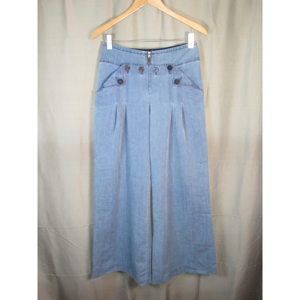 Elevenses Anthropologie Blue Chambray Sailor Wide Leg Trousers Pants Sz 4